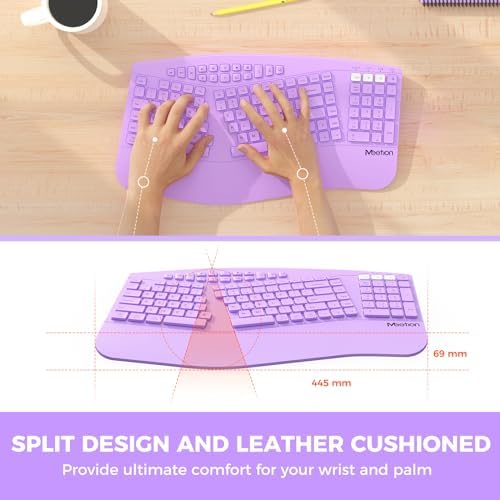 MEETION Ergonomic Keyboard Wireless, Multi-Device Bluetooth Keyboard, Full-Sized Split Computer Keyboards, Wrist Rest for Natural Typing, for Windows/Mac/Laptop/Table/PC, Purple