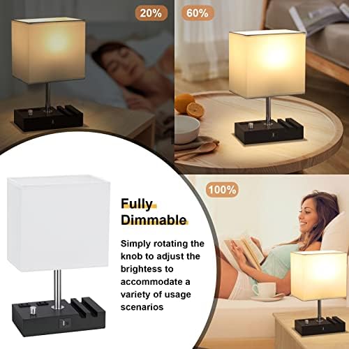 White Table Lamp for Bedroom - Stepless Dimmable, USB C+A, 2 AC Outlets