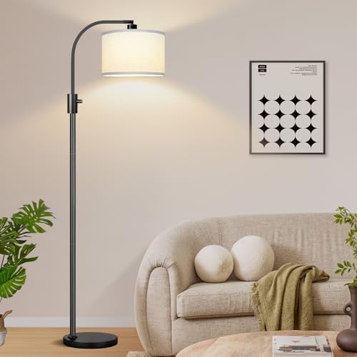 Nintiue Upgraded Modern Arc Dimmable Tall Standing Floor Lamp with White Shade, 1200 Lumens LED Bulb Included, for Living & Reading Room, Bedroom, Office & Nursery, Black