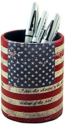 Pen Pencil Holder Cup Container PU Leather Desk Organizer Stand Decor Brush Scissor Holder Decoration Office Desk Home School (3.3" x 3.3" x 4", US Flag)