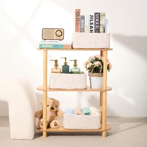 MiniArk Small Storage Baskets for Organizing | Closet Organizer Bins | Shelf Toy Basket | Woven Rope Baskets | Cube Decorative Box | Shallow Basket | 11.5x7.5x4.7” | 3 Packs Rainbow