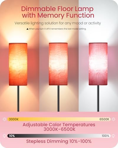 Dimmable Floor Lamps for Living Room with Remote and Foot Switch, 64.4” Modern Standing Tall Lamp, Corner Lamp for Bedroom, Bulb Included, 3000K-6500K, FCC Listed, Sakura Pink and Black CP06LD05W1