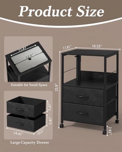 Faesun Night Stand with Charging Station & Swivel Top, Black