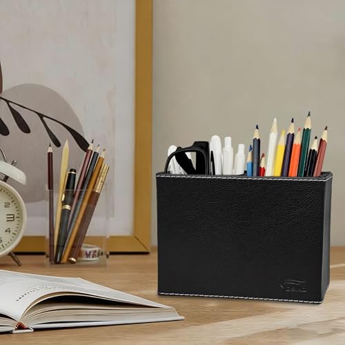 Black Pen Holder, Double Slots Leather Pencil Holder, Elegant Pen Holder for Desk, Stationery Organizer for School Office Home Dorm