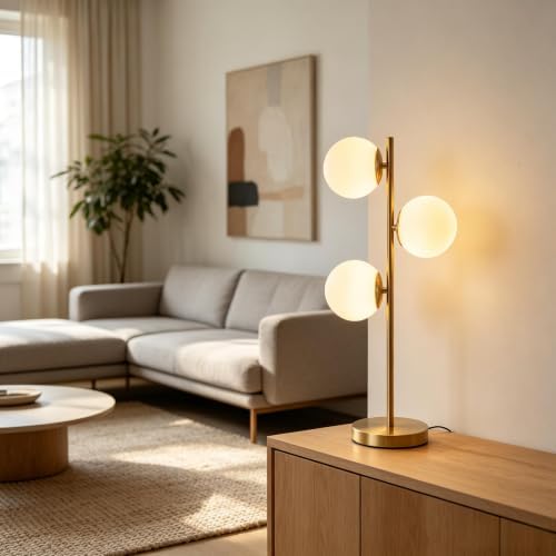 Mid Century Modern 3-Light Table Lamp, Gold Glass Globe Nightstand Light with 3 Color Temperatures, LED Bedside Lamp for Bedroom Living Room Office