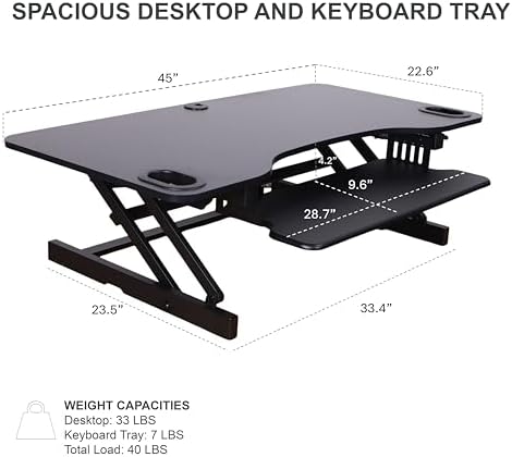 Rocelco 45" Height Adjustable Standing Desk Converter with Anti Fatigue Floor Mat and Slide Out Retractable Keyboard Tray - Sit Stand Up Triple Screen Tabletop Riser - Black (R ADRB-45-MAFM)