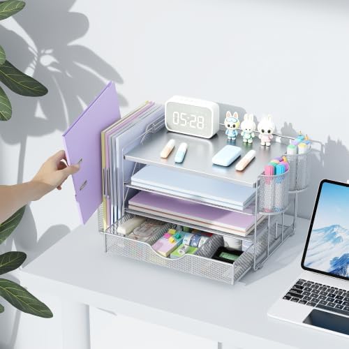 gianotter Desk Organizers and Accessories with File Holder, 4-Tier Desk Accessories & Workspace Organizers with Drawer and 2 Pen Holder, Desk Reference Organizer (Grey, 4T with Metal Drawer)