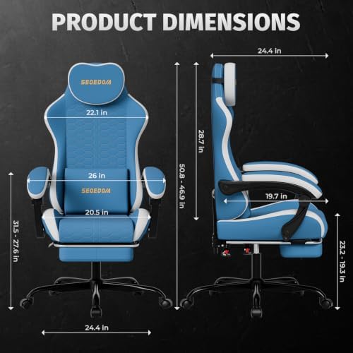 Honeycomb Embossed Gaming Chair with Footrest & Massage Lumbar Support, Adjustable Ergonomic Office Chair for Adults, 300 lbs (Blue White)