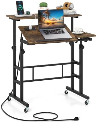GIANTEX Mobile Standing Desk, Adjustable Rolling Computer Desk (Brown)