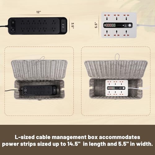 Cable Management Box, Cord Organizer with Lid & Cable Ties - Gray, L