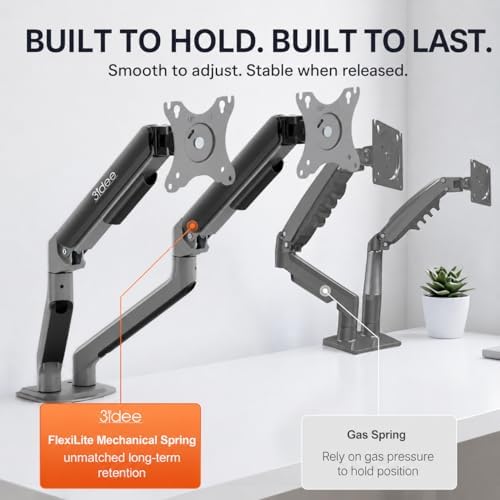 3IDEE FlexiLite Dual Monitor Arm Desk Mount for 17-32" Screens, Holds up to 20 lbs per Monitor, Slim Aluminium Design, Fully Adjustable, Quick Box to Desk Setup, Clamp/Grommet Base, VESA 75/100