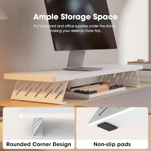 Fenge Monitor Stand Riser, Wooden & Metal Desk Shelf Organizer, White