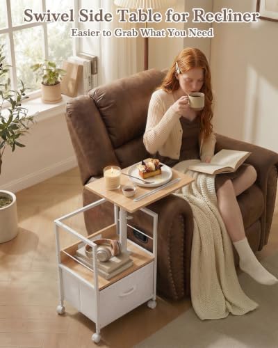 Faesun Night Stand with Charging Station & Swivel Top, Oak White