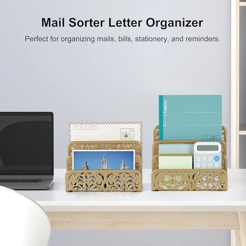 EasyPAG Mail Organizer Countertop 2pc Desk Mail Sorter for Envelope 3-Slot Vertical Letter Holder for Office, Home, School, Gold