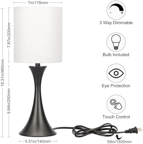Seaside village 3 Way Touch Control Table Lamp, Modern Bedside Lamp for Bedroom, Dimmable Black Nightstand Lamp White Shade Desk Reading Light for Living Room Office Dorm, 3000K LED Bulb Included