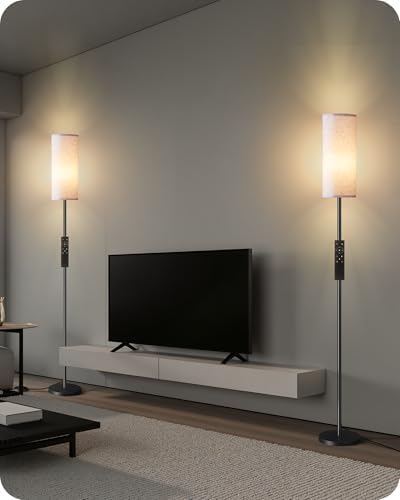 2 Pack Dimmable Floor Lamps for Living Room with 2 Remotes and Foot Switch, Corner Floor Lamp, Standing Tall Lamp, 10W 900LM LED Bulb Included, 3000K-6500K, Linen Shade, FCC Listed W06LDP205W1