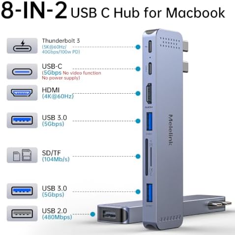 USB C Hub Adapter for MacBook Pro/Air M5 M4 M3 M2 M1 2026-2018 13" 15" 16", Mac Multiport Adapter, 8 in 2 MacBook Accessories Dongle with HDMI 4K@60hz, Thunderbolt, USB C&A Data Ports, SD Card Reader
