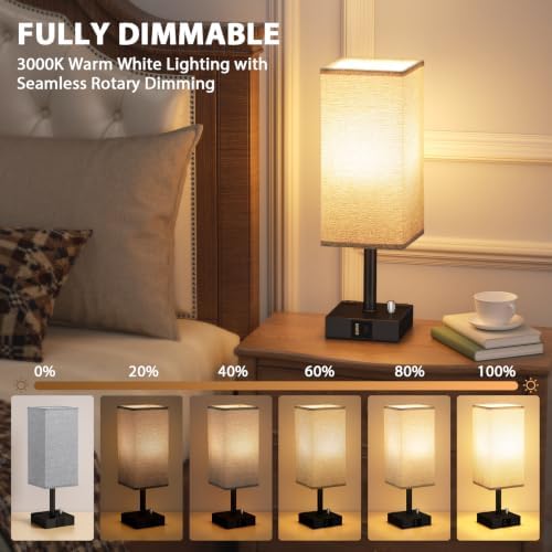 Grey Bedside Table Lamps Set of 2 - Dimmable, USB C+A, 2 AC Outlets