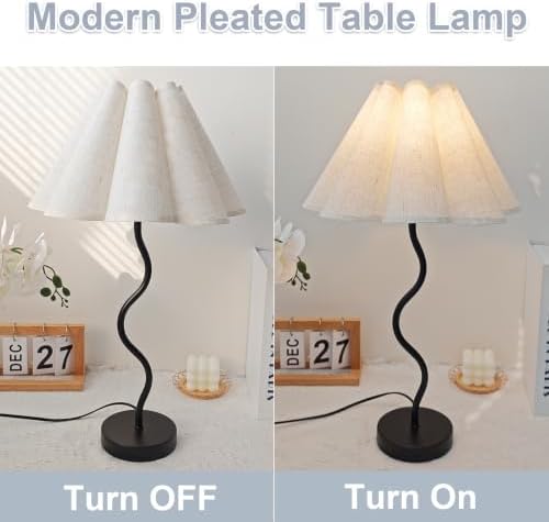 Pleated Table Lamp, Modern Bedside Lamp with Wavy Scalloped Shade (Black)