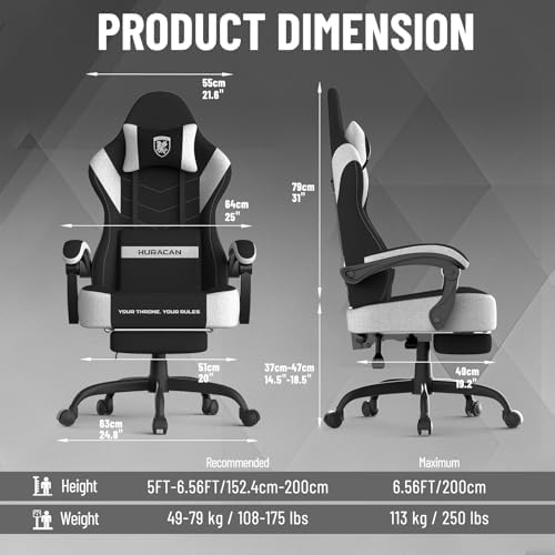 Ferghana Cotton Fabric Gaming Chair - Wider Seat Cushion, Shield-Shaped Embroidery, Ergonomic High Back with Footrest, Computer Gamer Chair for Adults Featuring Massage Lumbar Support, Black/White
