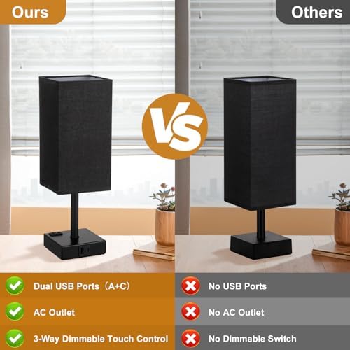 3000K Black Table Lamp for Bedroom - Dimmable Touch, USB C+A, AC Outlet