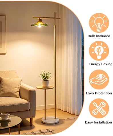Lightdot Glass Floor Lamp with Table Green Lotus Leaf Gold Standing Lamp