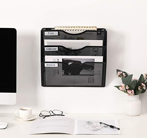 EasyPAG 3 Pocket Mesh Wall File Organizer, Hanging Paper Folder Holder with Classify Label, Vertical Wall Mount Mail Organizer for Office Home Classroom, Black