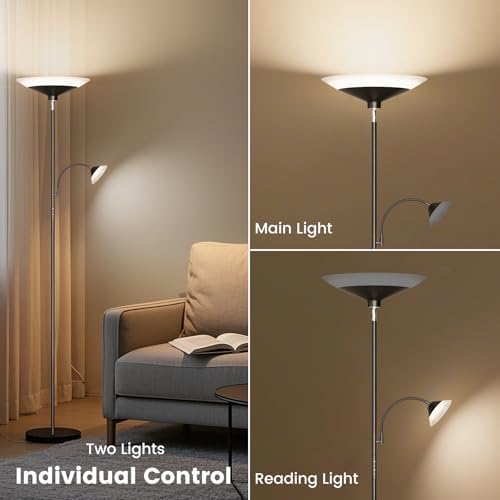 SIBRILLE Upgraded 2-in-1 Torchiere Floor Lamp, Dimmable Standing Lamp with Remote&Button Control, 34W Brightness Adjustable Floor Reading Light, Black Modern Corner Lamp for Living Room Bedroom Office