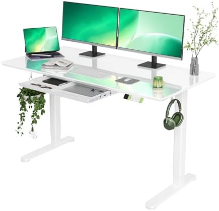 INNOVAR Glass Standing Desk with Drawers 55×24 Inch Super White
