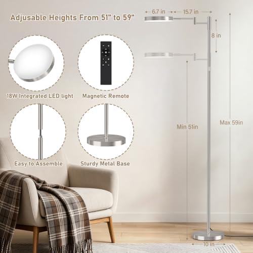 SIBRILLE LED Floor Lamp, 18W Adjustable Height Floor Lamp with Remote Control& 3 Color Temperatures, 350 Degree Swing Arms, Modern Dimmable Standing Lamp for Reading, Sewing and Craft, Brushed Nickel