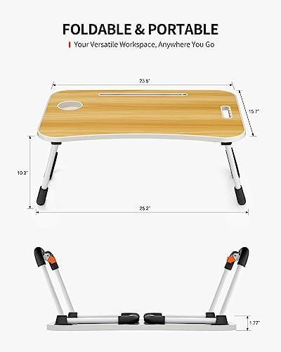 FISYOD Foldable Laptop Table, Portable Lap Desk Bed Table Tray, Laptop Stand with Cup Holder & Tablet Slot & Lifting Handle for Working Writing Drawing & Eating (Wood)