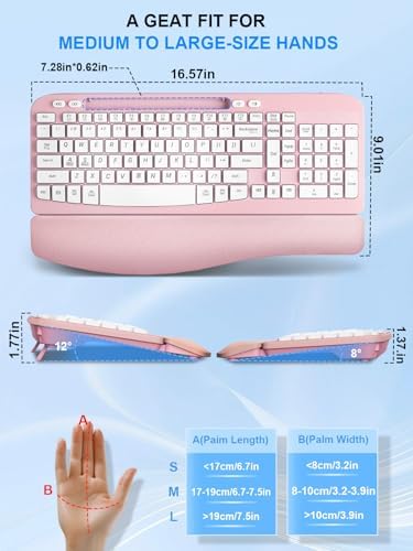 Hayyiesh Ergonomic Wave Keys Wireless Keyboard and Mouse Combo, Full Size with Memory Foam Wrist Rest & Phone Holder, 2.4G Cordless Set with USB-C Adapter for Windows Mac Desktop Laptop (Pink)