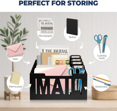 Mail Organizer Countertop, Desktop Mail Sorter with 4 Slots & Labels, Black