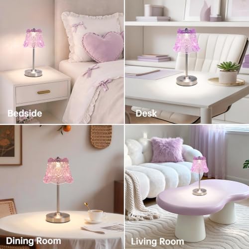 Shenmoyl Cordless Touch Table Lamp with 5200mAh Battery - 3 Adjustable Color Temperatures & Dimmable, Rechargeable Desk Lamp for Bedroom, Living Room, Office, Entryway, Bookshelves (Clear Purple Rose)