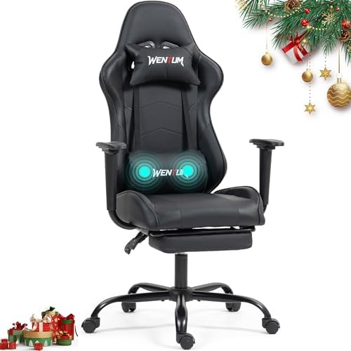 Gaming Chair with Footrest, Video Game Chair with Massage, PU Leather Computer Chair, Lumbar Support for Men Women, Home Office, Height Adjustable, Ergonomic High Back, Black