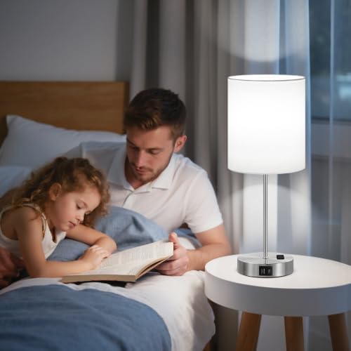 17.6" Silver Touch Lamps for Bedroom Set of 2, Dimmable, USB C+A, AC Outlet