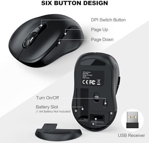 WisFox 2.4G Wireless Mouse for Laptop, Ergonomic Computer Mouse with USB Receiver and Type-C Adapter, 3 Adjustable Levels, 6 Button Cordless Wireless Mice for Windows Mac PC Notebook (Black)