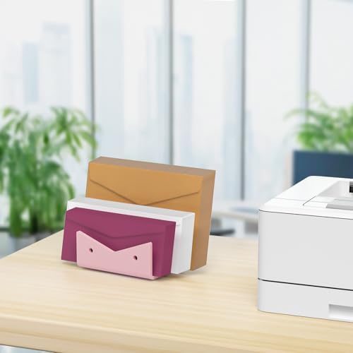 Mail Organizer Envelope Holder - 3 Compartments Pink Acrylic Mail Holder Countertop Vertical Desk Organizer Small File Bill Document Notebook Letter Sorter for Home School Office Supplies