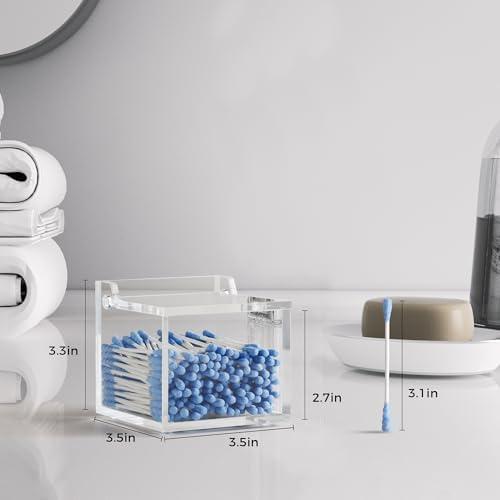 Clear Acrylic Qtip Holder With Lid Cotton Balls Swab Organizer,Square Q Tip Storage, Floss Picks, Bath Salts, Cotton Wab Holder,Home Bathroom Decor (DP011)