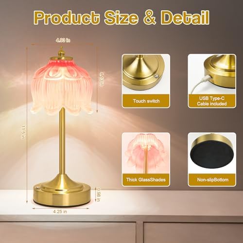 Cordless Table Lamp, Rechargeable Blush Pink Glass Lotus Flower Lamp