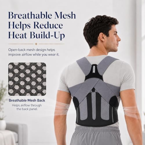 Posture Corrector for Men, Adjustable Upper Back Brace with Breathable Mesh Back, 4 Flexible Support Stays & Underarm Fit Adjustment, Back Straightener Helps Reduce Slouching Strain for Desk Work, Sitting, Reading & Posture Training