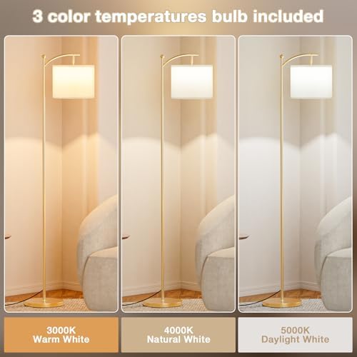 Ambimall 60" Floor Lamp for Living Room with 3 Color Temperatures, Adjustable White Shade with Gold Pole, Tall Lamp for Bedroom Office Classroom Dorm Room, 9W LED Bulb Included