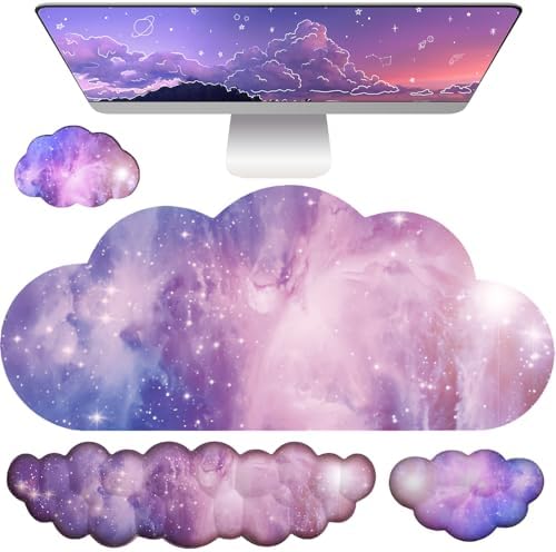 Cloud Mouse Pad Keyboard Wrist Rest for Mouse 4PCS Extended Large Desk Mat Pad Set Memory Foam Non-Slip Cute Ergonomic Gaming Mouse Wrist Support for Computer Home Office Purple Galaxy Space