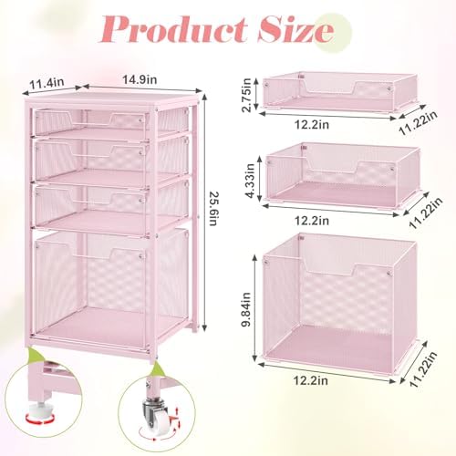 Sbanmao 4 Drawer Rolling File Cart Under Desk Storage, File Cabinets for Home Office, Mobile Filing Cabinet, Hanging File Organizer with Wheels, Utility Cart Printer Stand, Pink
