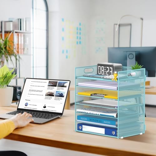 7 Tier Paper Organizer for Desk with Letter Trays & Handle Blue