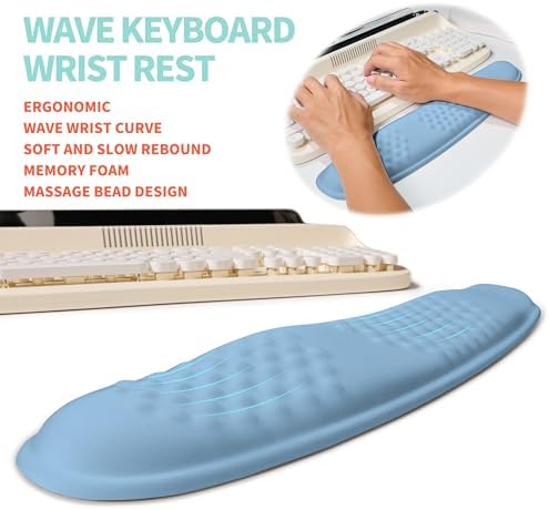 2-in-1 Ergonomic Set, Wave Rise Keyboard Wrist Rest and Massage Bulge Slope Mouse Pad Wrist Support, Cushion Memory Foam Integrated to Relieve Wrist Pain, Lake Blue