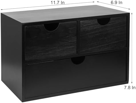 Rustic Distressed white 3-Tier Wood Desk Organizer with 3 Drawers Mini Storage Shelf, Toiletries Vanity Office Supplies (pitch-dark)