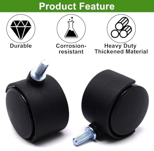 Plastic Caster Wheels 1.5 Inch, M6 Straight-Grained Rod Swivel Casters Set of 4, Black Nylon Replacement Casters Wheels for Furniture Table Cabinet Office Chair