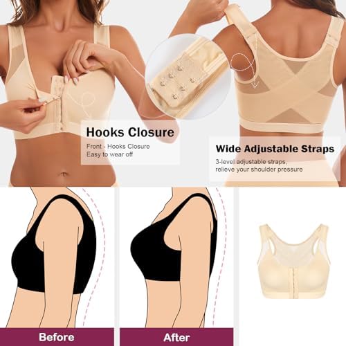 Front Closure Posture Corrector Wireless Bra Back Support Comfy Unlined Bras Full Coverage Bra with Nipple Covers