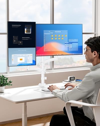 Dual Monitor Stand for 2 Screens up to 32 inch, Vertical Stacked Dual Monitor Mount, Full Motion Adjustable Tall Double Monitor Desk Mount, Each Arm Holds 4.4-22lbs, VESA 75/100mm, White, Freelift